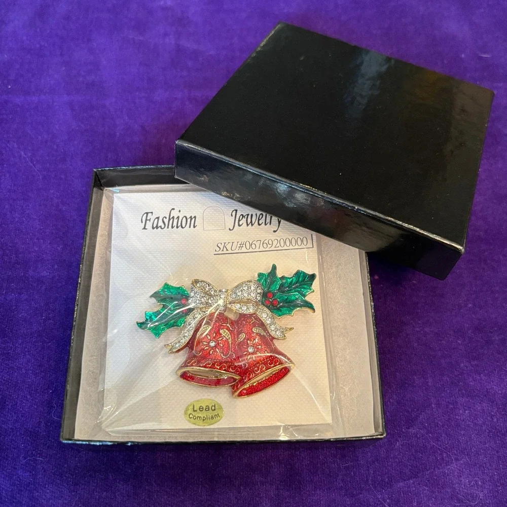 Fashion Jewelry Christmas Bells Bow Enamel Rhinestone Brooch Pin Red Green